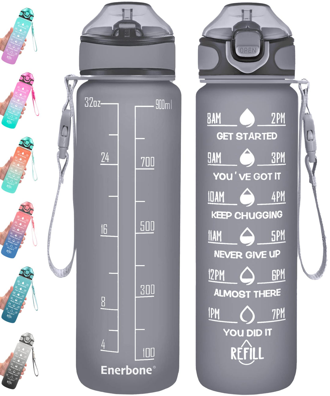 Enerbone 900 ml Wasserflasche mit Zeiten zum Trinken und Strohhalm, motivierende Trinkwasserflaschen