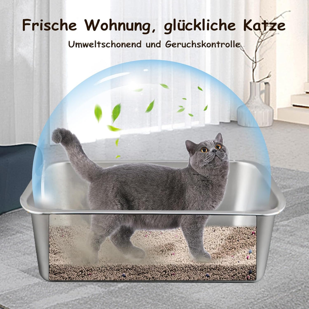 XXL Katzenklo 50 * 35 * 15CM Katzentoilette Edeltsahl Katzentoilette Gross, offenes Katzenklo für Ei