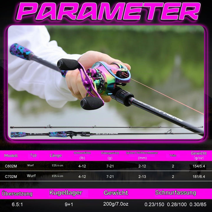 Sougayilang MX-2 Wurfangelrute und Baitcastrolle Combo, 1,8m/2,1m Baitcaster Combo - Raubfisch-Angel