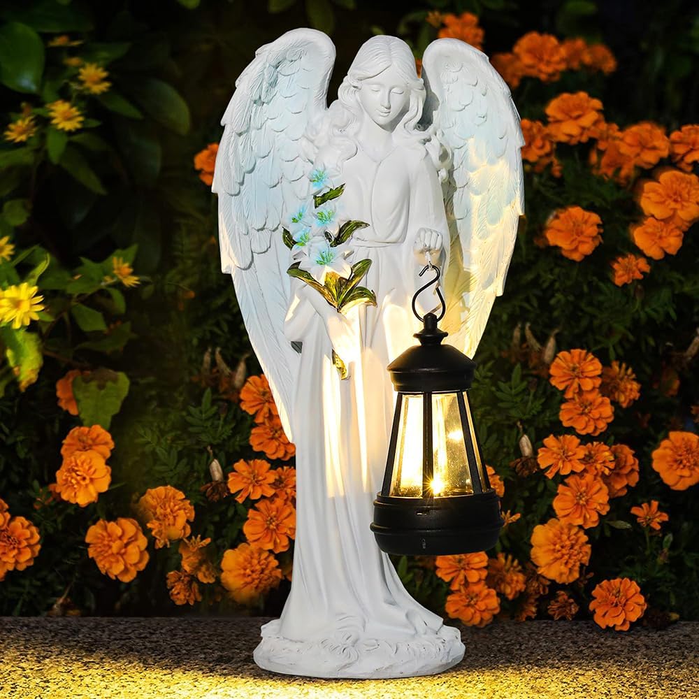Solar Engel Gartenstatuen, Wetterfest Grabschmuck, LED Fairy Engel Figur, Gartenstatue Geschenke, 31