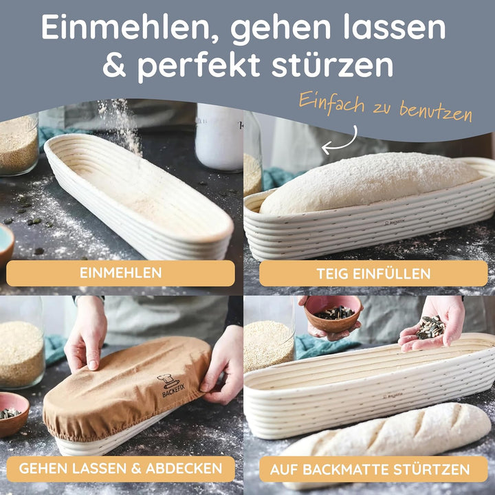 Backefix Gärkörbchen oval 44cm für Baguette | länglicher Gärkorb handgefertigt aus Rattan mit Leinen