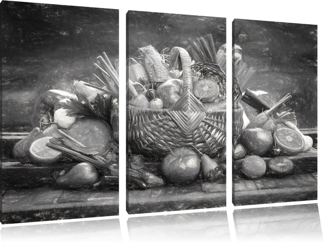 Pixxprint Obst und Gemüse im Korb als Leinwandbild/Grösse: 3 Teilig (120x80 cm) cm/Wandbild/Kunstdru