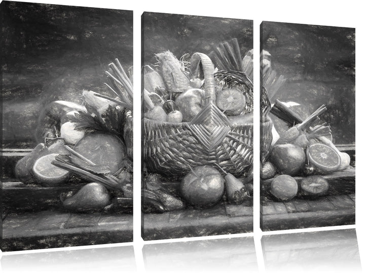 Pixxprint Obst und Gemüse im Korb als Leinwandbild/Grösse: 3 Teilig (120x80 cm) cm/Wandbild/Kunstdru