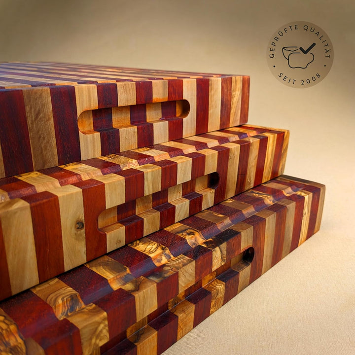 DAS OLIVENHOLZBRETT® Exklusives Mosaik & Stripes Schneidebrett Mit Saftrille - Luxus Hirnholzbrett A
