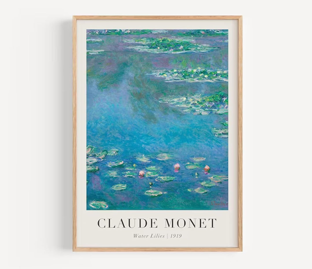 Claude Monet Poster Set | 3 Stück DIN A3 30x40cm mit Rahmen Holz | Botanische Wasserlilien Paintings