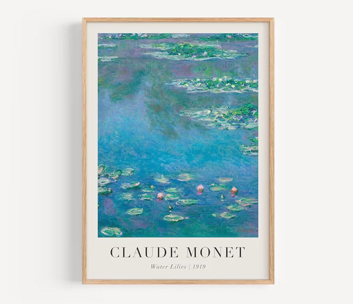Claude Monet Poster Set | 3 Stück DIN A3 30x40cm mit Rahmen Holz | Botanische Wasserlilien Paintings