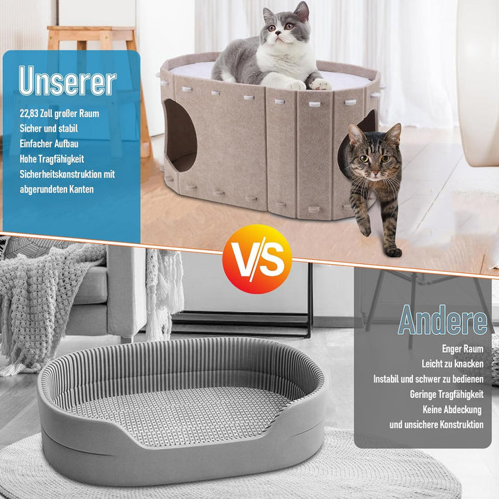 Filz-Katzenbett mit extra viel Platz, Winterfester Katzenkorb & Katzenschlafplatz – Robustes Katzenh
