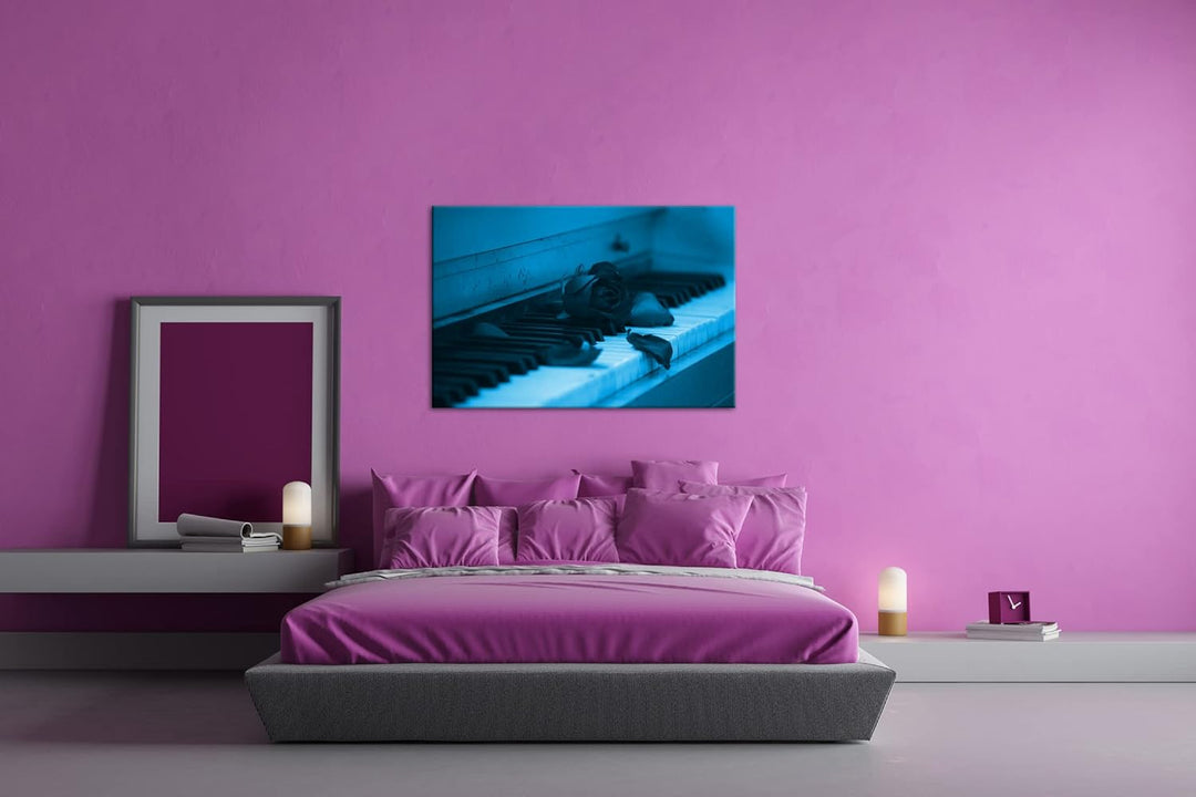 deyoli altes Klavier mit roten Rosen Format 80x60 Effekt: Monocrome Blau als Leinwandbild, Motiv fer