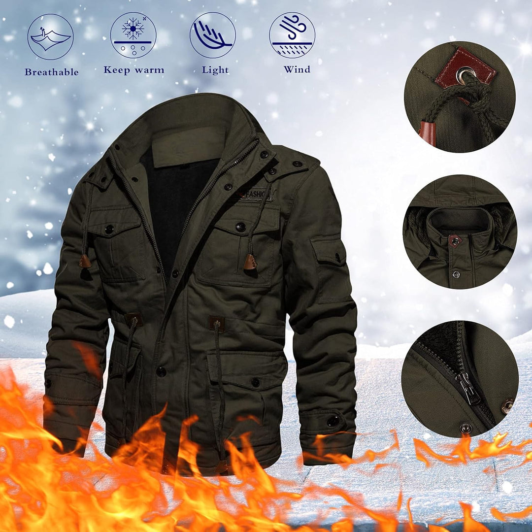 Herren Fleece Gefüttert Warme Winterjacke Militär Jacke mit Abnehmbarer Kapuze Übergangsjacke Winter