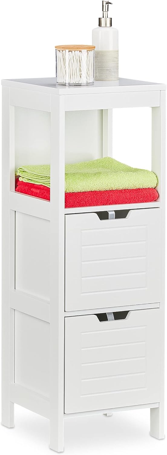 Relaxdays Badezimmerschrank, Landhausstil, HBT: 90 x 30 x 30 cm, 2 Schubladen, 1 Ablage, freistehend