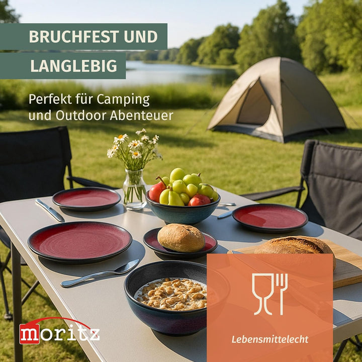 Melamin Camping Geschirr Set 4 Personen Stone Red + 4 Milano Champgner Gläser Flûtes Tafelgeschirr P