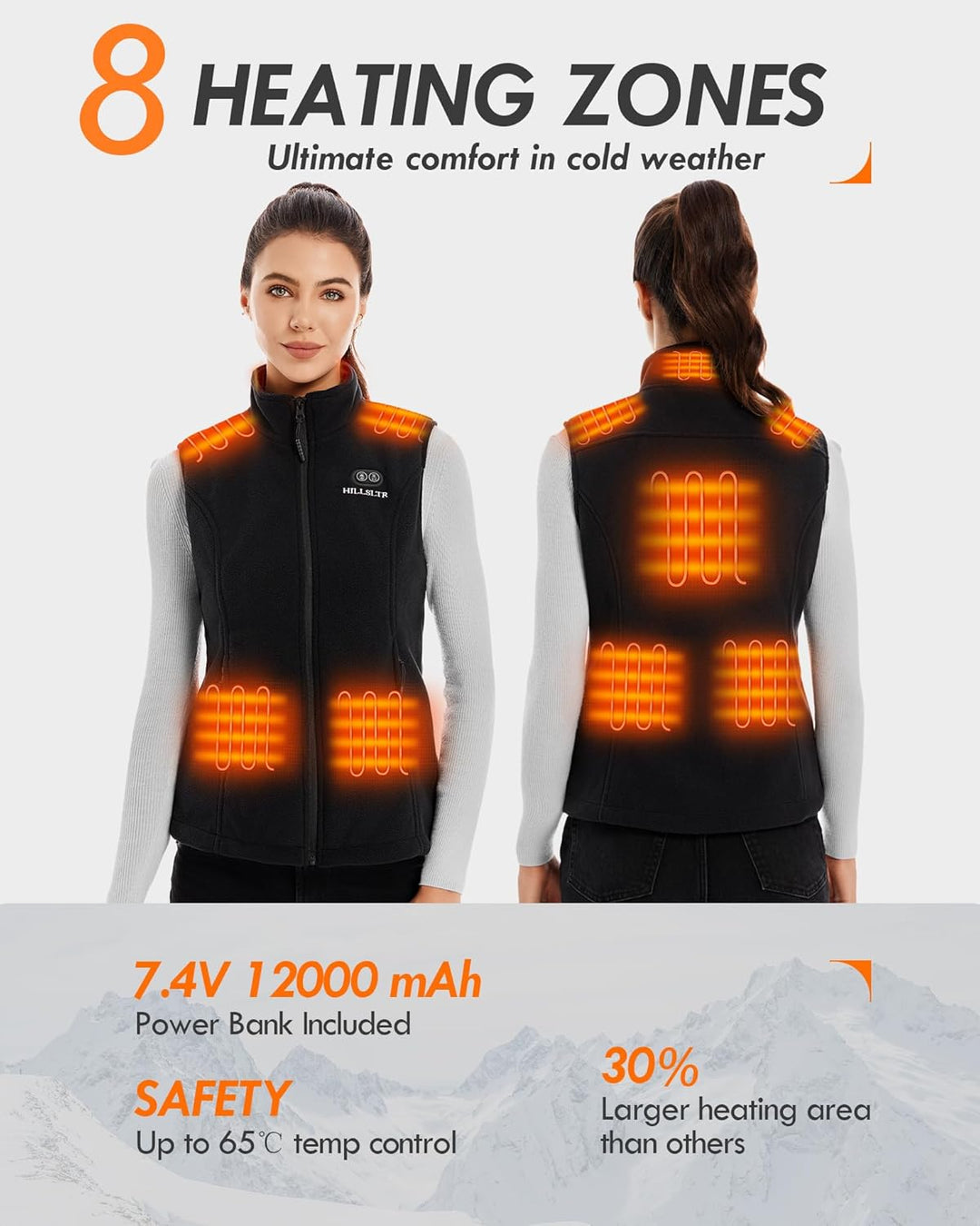 HILLSLTR Beheizbare Weste, Fleece Heizweste Damen mit Powerbank 7.4V 12000mAh, Heizweste mit 8 Heizz