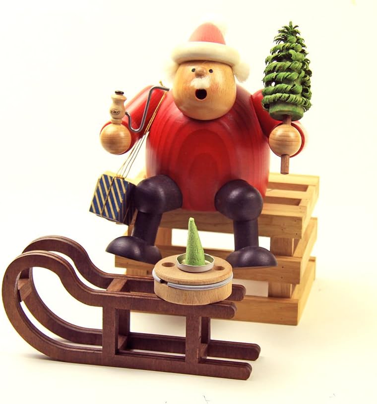 KWO Olbernhau Räuchermann Weihnachtsmann mit Schlitten, 18 cm, Mehrfarbig