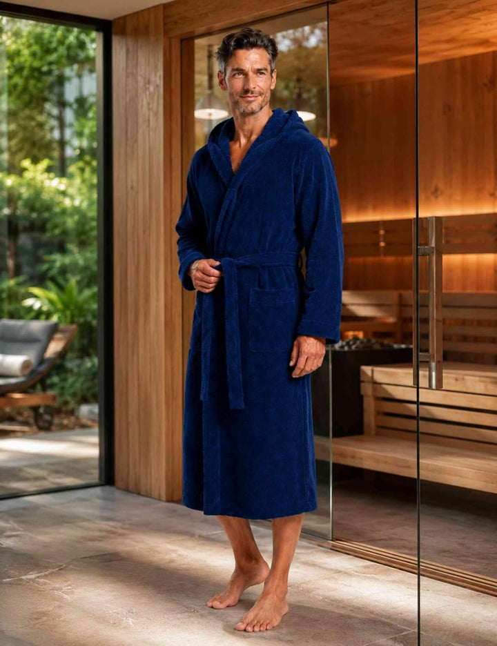 Morgenstern Bademantel Herren Kapuze Frottee 100% Baumwolle Lang Cadiz Salamanca XL Marine, XL Marin