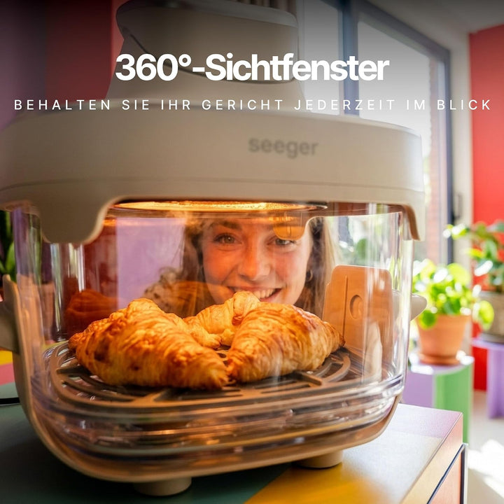 Seeger ClearFry Glas Heissluftfritteuse mit 6 Zubereitungsfunktionen | PFAS-Frei, 2 Glasbehälter (4.