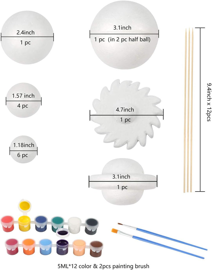 Pllieay Solarsystem-Modell-Schaumkugel-Set enthält 14 Polystyrol-Kugeln, 12 Bambusstäbe, 12 Farbpigm