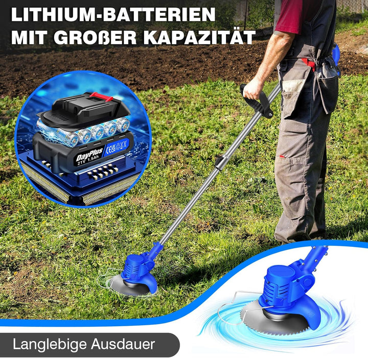 Qimu Akku Rasentrimmer 21V Elektrischer Rasentrimmer Elektro-Trimmer Akku Motorsense Rasen mit 2 Akk