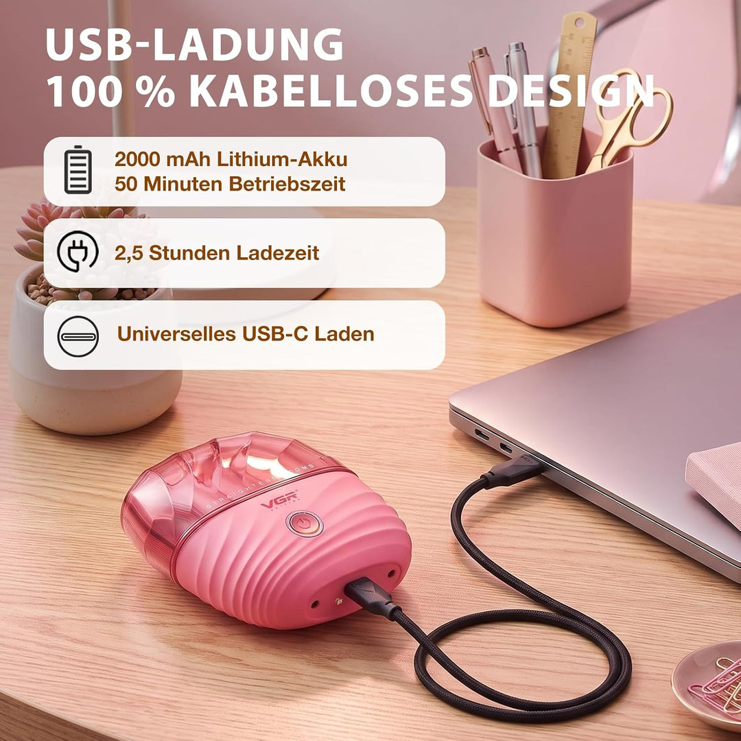 VGR 587 Kabellose Glättbürste Mini Mit 180°C Und 2 Stufen Reiseetui Rosa | Elektrische Haarbürste Mi
