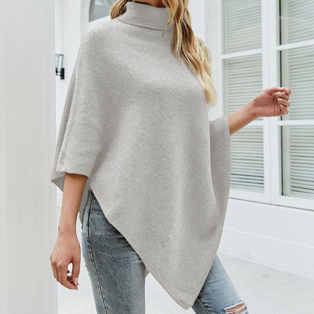JFAN Poncho Damen Elegant Strick Umhang mit Hohem Kragen und Vier Knöpfen Herbst/Winter, Grau