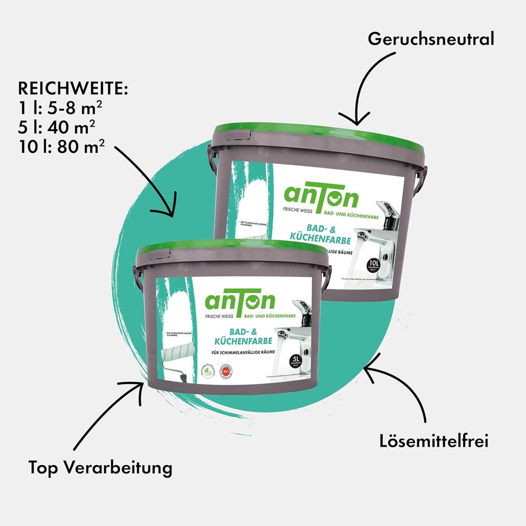 Anton Bad- und Küchenfarbe | Frische Weiss | Spezialfarbe | Direkt auf Schimmel mit Sofortwirkung &