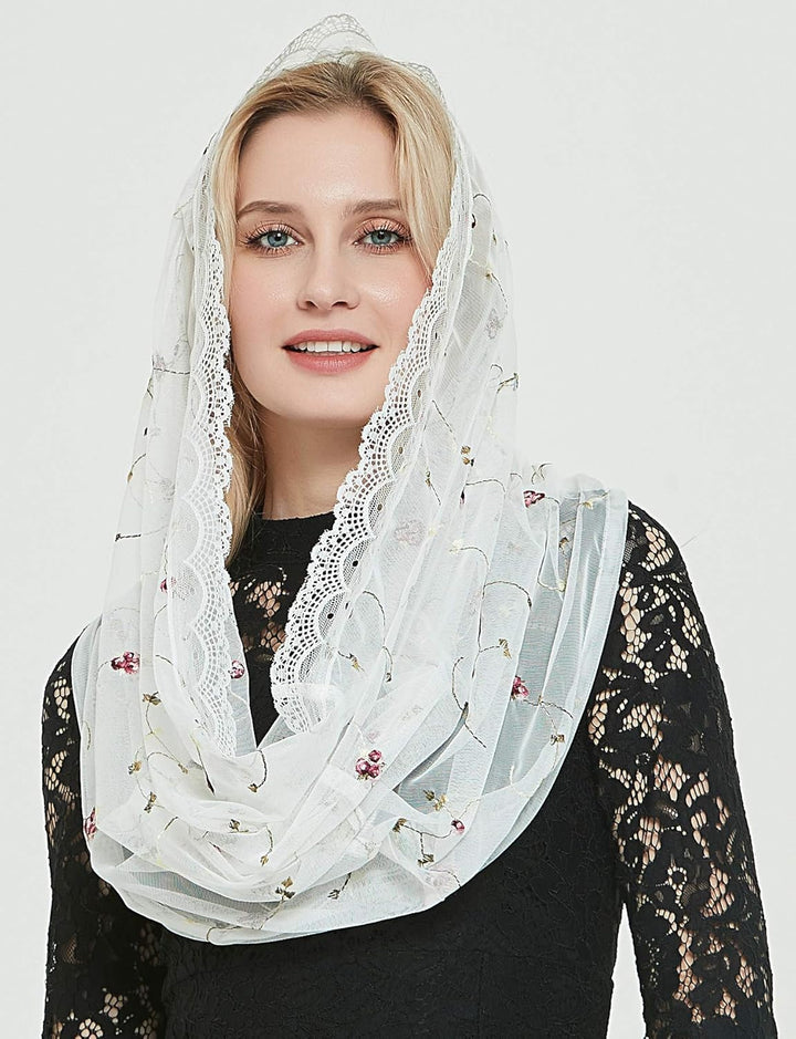 Orthodoxer Schleier Kopfbedeckung mit bestickten Blumen Katholische Kapelle Mantilla Schleier V50 El