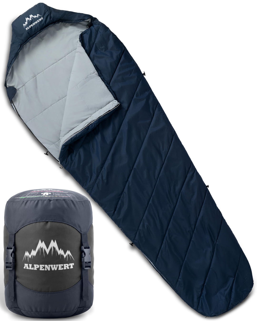 ALPENWERT® Schlafsack Sommer Ultraleicht & klein [15x27cm Packmass] – Wasserabweisend, YKK Reissvers