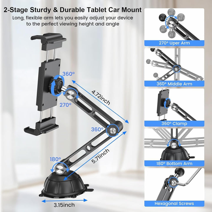 PLDHPRO Tablet Halterung Auto Vorne, Aluminium Arm iPad Halterung Saugnapf, Verstellbare Tablethalte