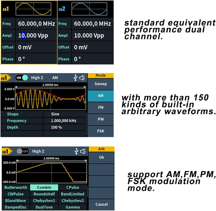 OWON DGE2035 Arbitrary Waveform Generator AWG 14bit Vertikale Auflösung 2CH 35MHz 125MSa/s 3,6 Zoll