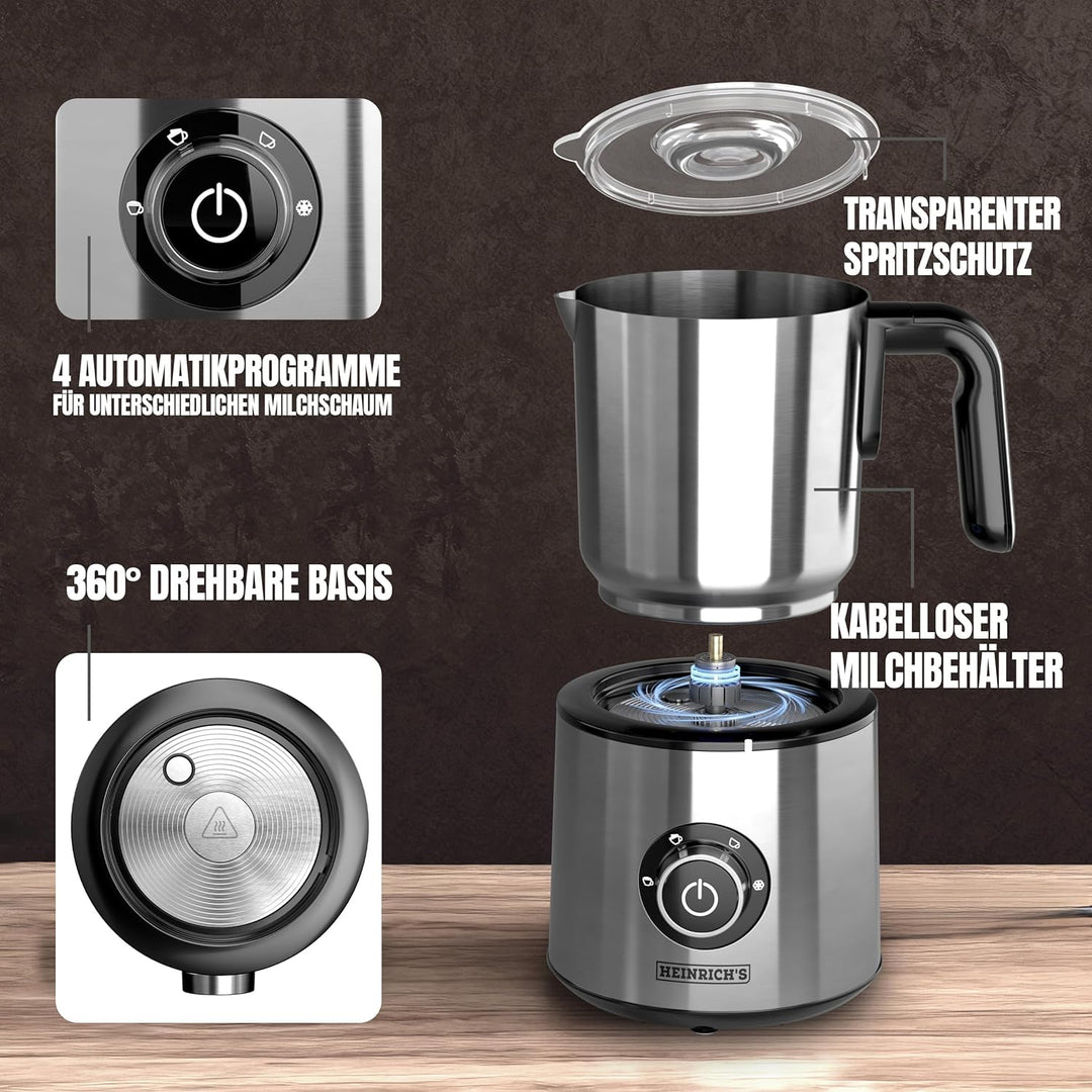 Heinrich´s Milchaufschäumer, 250ml Kapazität, Elektrischer 4in1 Milchaufschäumer, 360° drehbare Basi