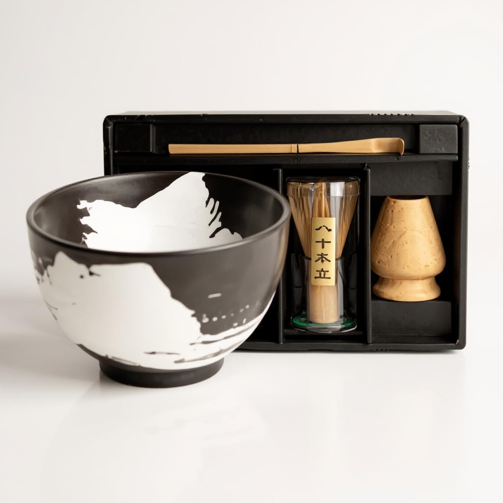 Matcha Set 4 tlg. Original japanische Schale mit Besen & Löffel Edo Japan Geschenkverpackung mit Mat
