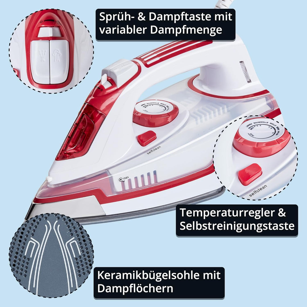 KHG Dampfbügeleisen DB-2202WR Rot Keramik, Anti-Kalk-Funktion, Abschaltautomatik, Selbstreinigungsfu