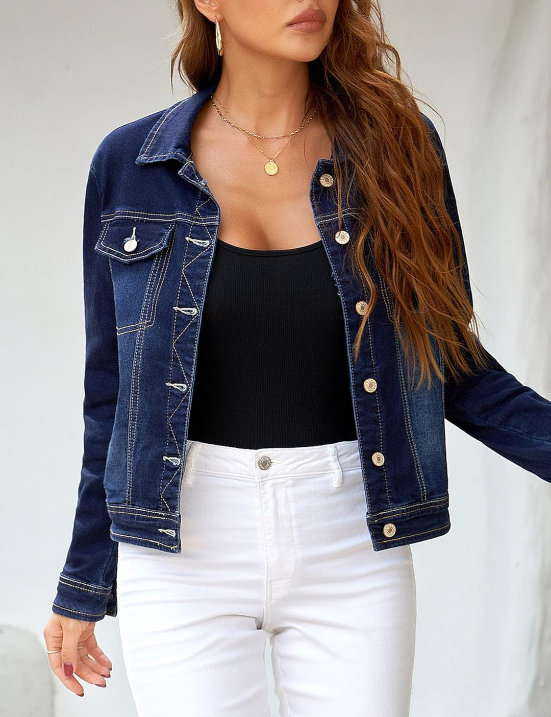 Roskiky Jeansjacken Damen Jean Stretchy Langarm Trucker Jacke mit Tasche M Blau, M Blau