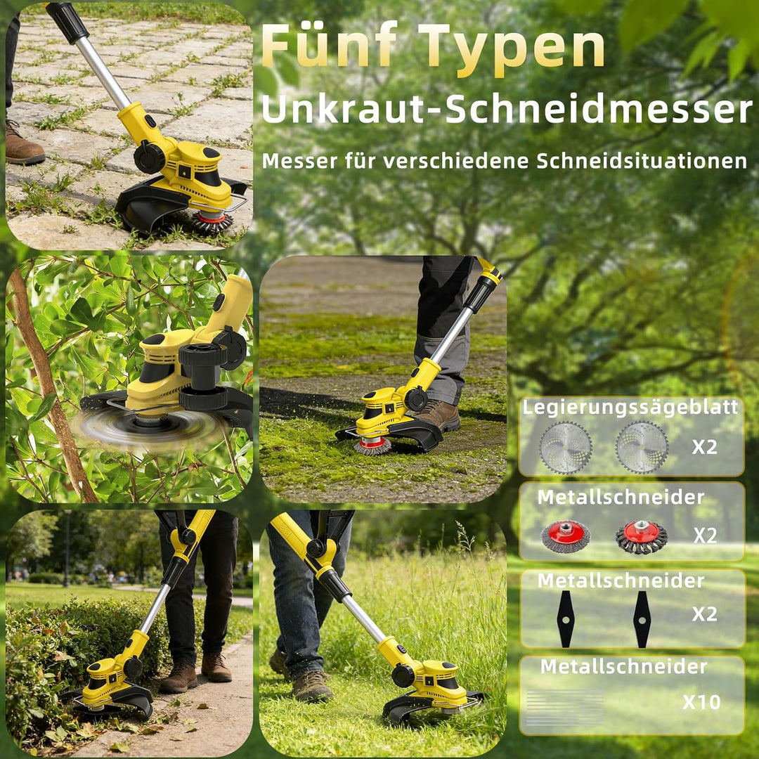 21V Akku Rasentrimmer mit Akku Freischneider Elektrischer 6-In-1 Akku Motorsense Rasentrimmer Mit 2