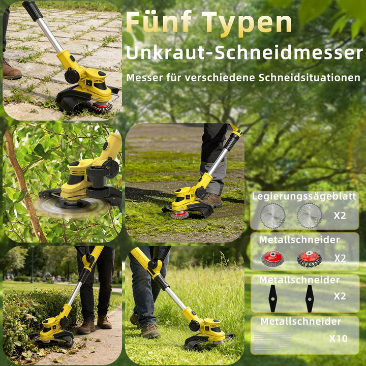 21V Akku Rasentrimmer mit Akku Freischneider Elektrischer 6-In-1 Akku Motorsense Rasentrimmer Mit 2