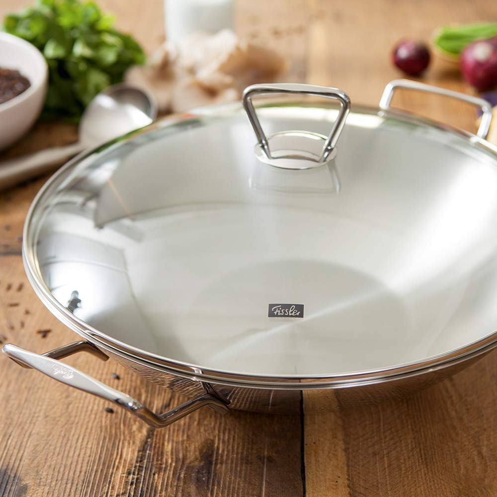 Fissler Kunming / Edelstahl-Wok (Ø 36 cm) grosse Wok-Pfanne unbeschichtet,Asiapfanne mit Glas-Deckel