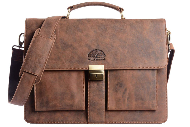 WILD WOODS® Aktentasche Leder XL mit Laptopfach 15,6 Zoll grosse Ledertasche zum Umhängen aus Rindsl