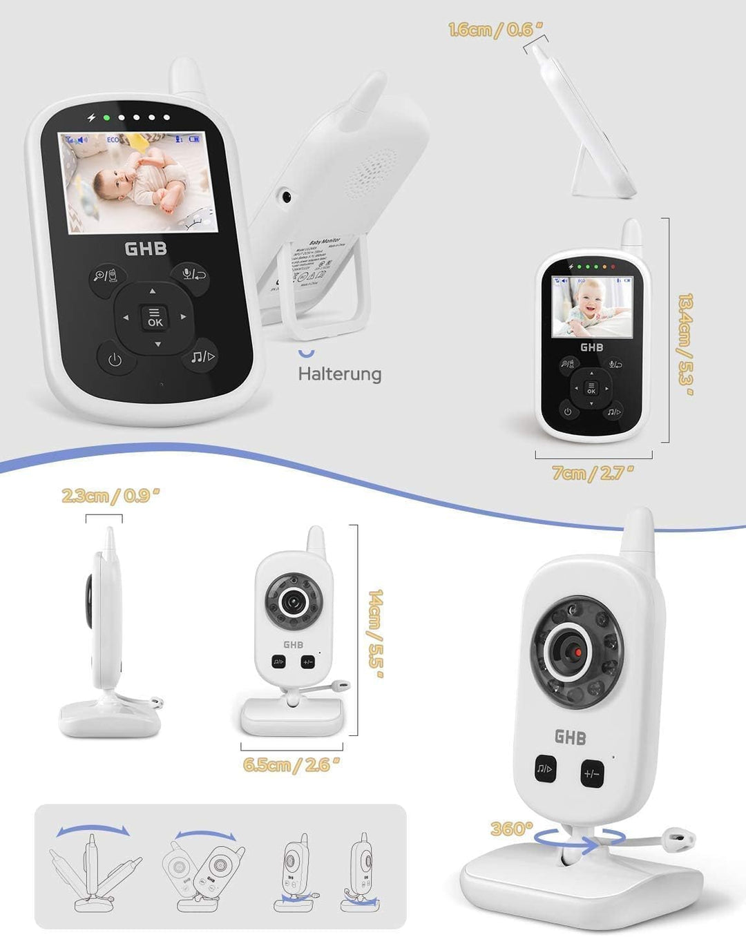 GHB Babyphone mit Kamera Video Baby Monitor 2,4 GHz Gegensprechfunktion ECO Modus Lange Akkulaufzeit