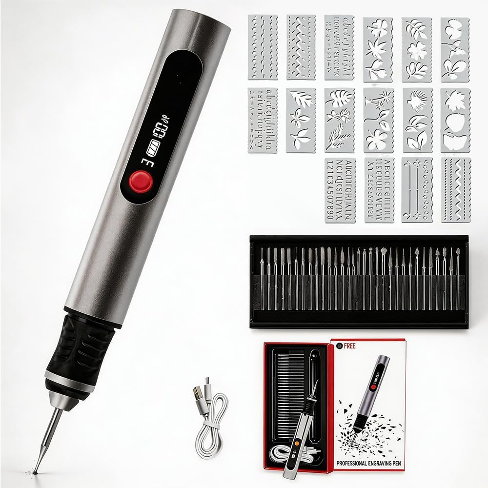 Gravierstift, Elektrischer Gravur Stift mit 30 Bits und 16 Vorlagen, Kabelloser Tragbarer Gravur Ger