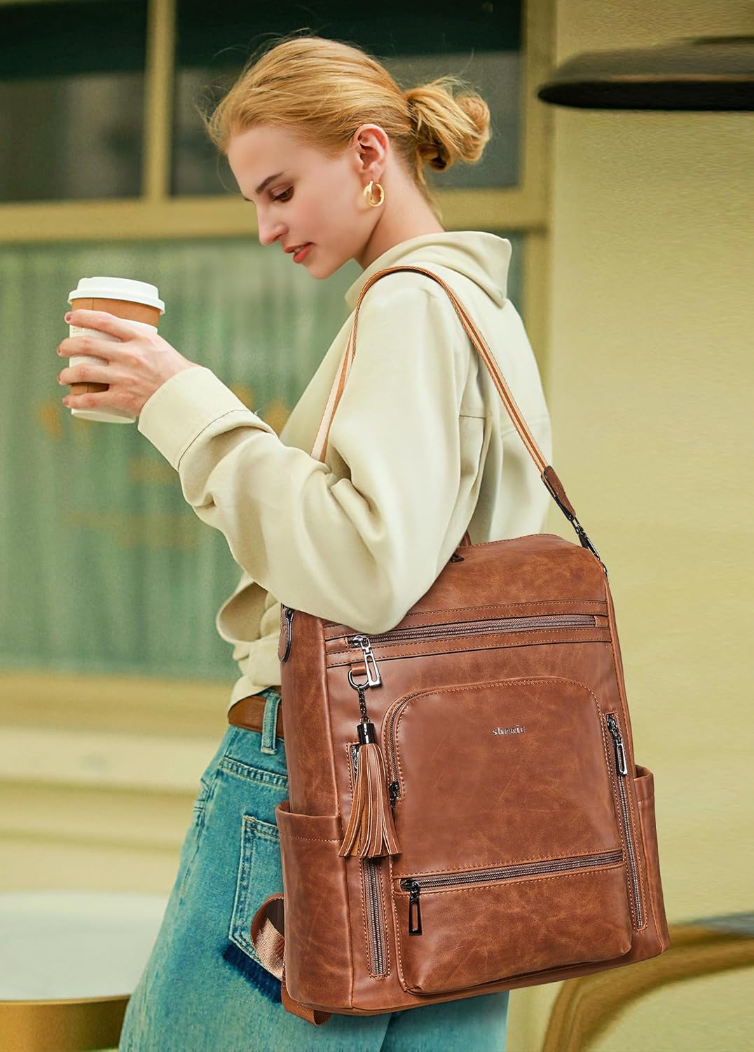 Shrrie rucksack damen elegant geeignet für 15,6Zoll-Notebooks Langlebig wasserdicht Damen aus Leder