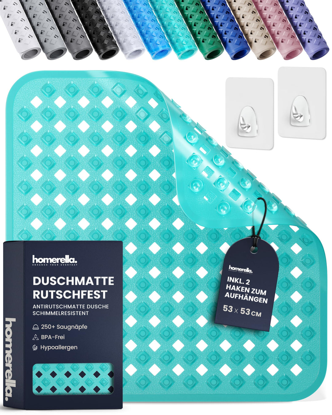 homerella© Duschmatte rutschfest 53x53cm, INKL. AUFHÄNGUNG, Antirutschmatte Dusche, schimmelresisten