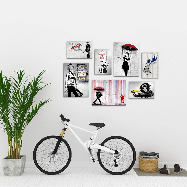 Novart Wandbilder Banksy Collage - KOMPLETT AUFHÄNGFERTIG - Street Art Wohnzimmer Büro - 7 Moderne M