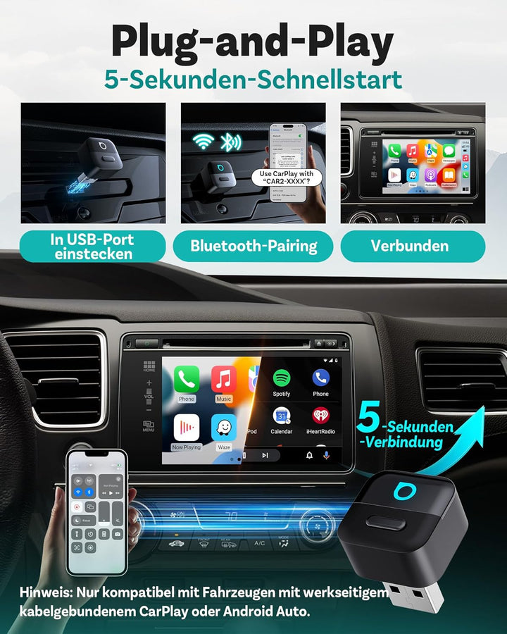 2026 Ottocast Mini Pico CarPlay Adapter, Wandelt kabelgebundenes CarPlay & Android Auto in Wireless