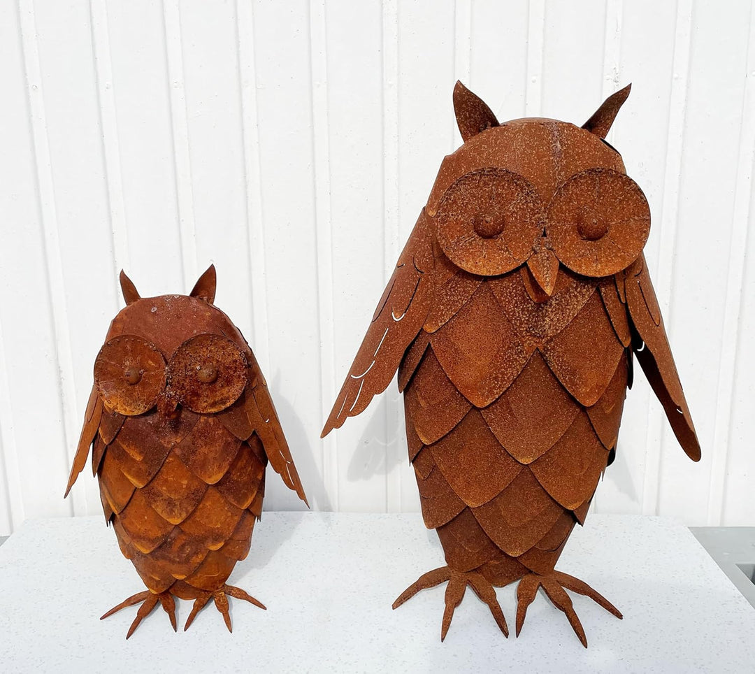 STEINFIGURENWELT GIEBEN Eule 3D Optik Höhe 43cm Edelrost Gartendeko Wetterfest Rost Metall Gartenfig