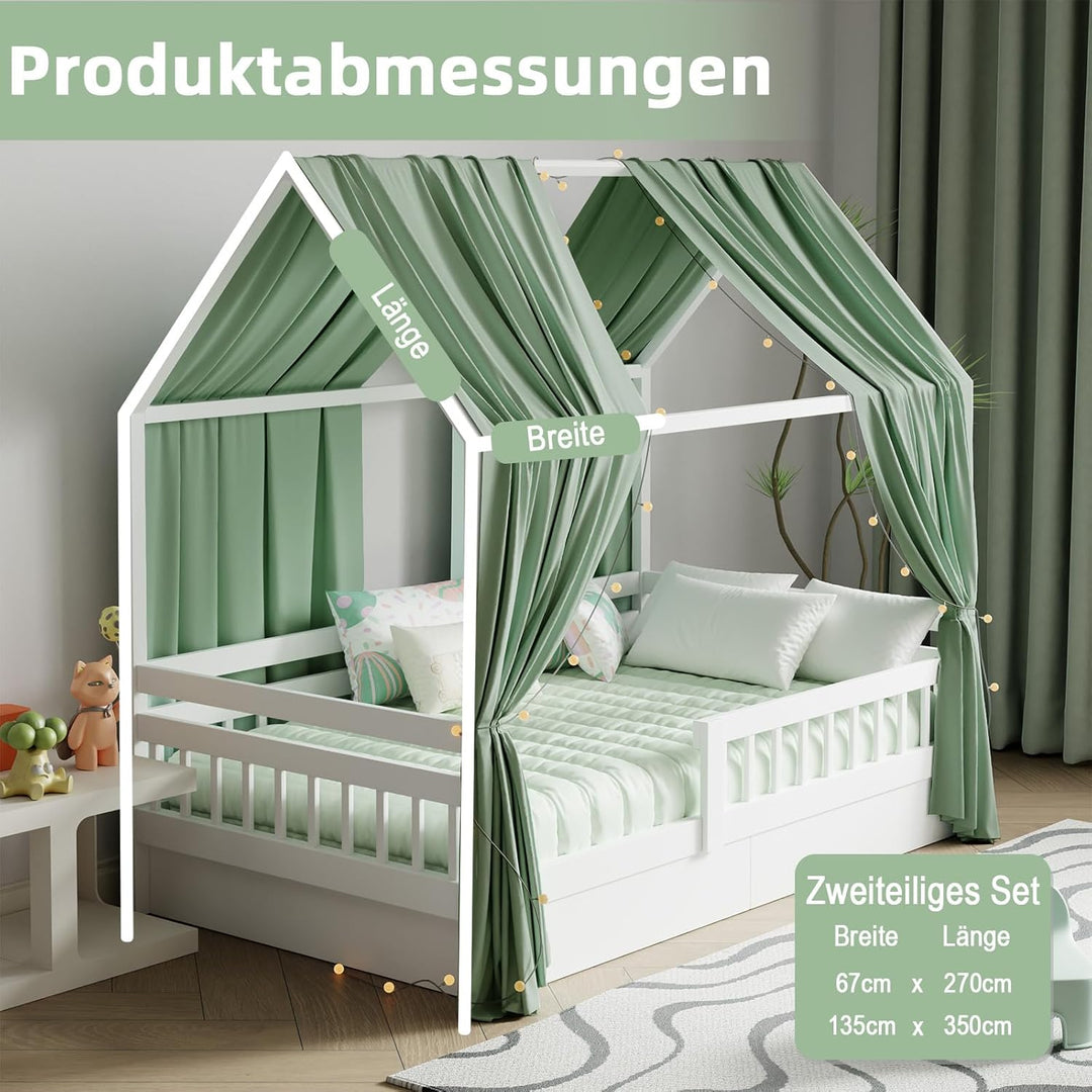 Hausbett Himmel mit Lichterkette 2 Stück Deko Baldachin Hausbett Vorhang,Betthimmel Musselin Stoffhi