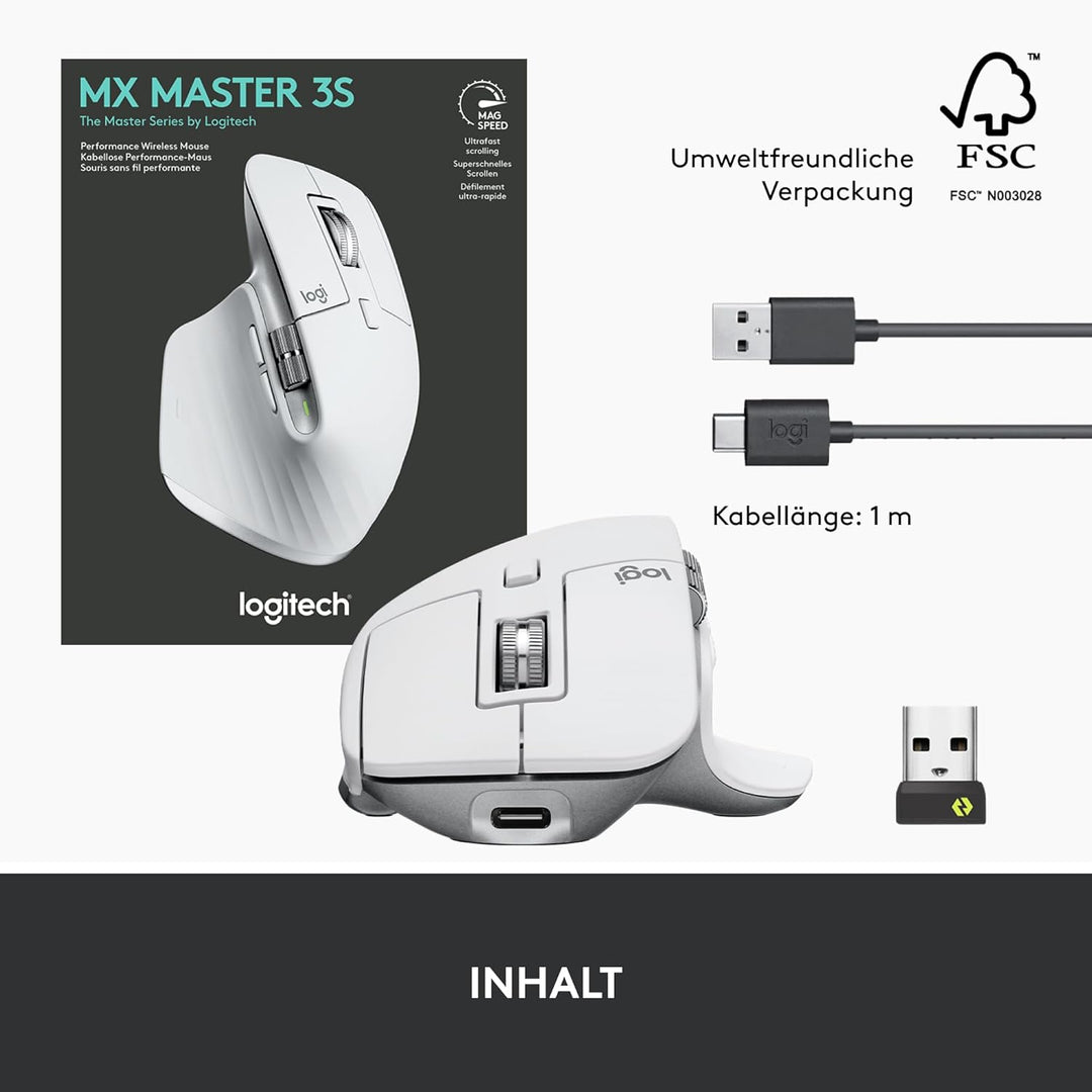 Logitech MX Master 3S - Kabellose Performance-Maus mit ultraschnellem Scrollen, Ergo, 8K DPI, Glas-T