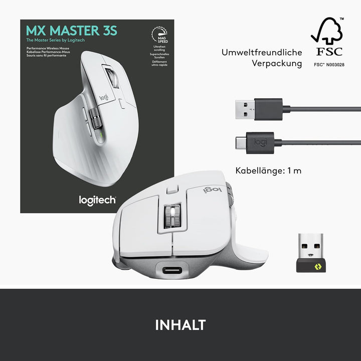 Logitech MX Master 3S - Kabellose Performance-Maus mit ultraschnellem Scrollen, Ergo, 8K DPI, Glas-T