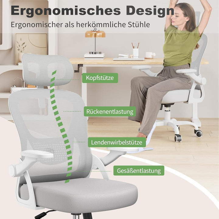 naspaluro Ergonomischer Schreibtischstuhl, Bürostuhl mit Kopfstütze/Hochklappbaren Armlehnen, Atmung