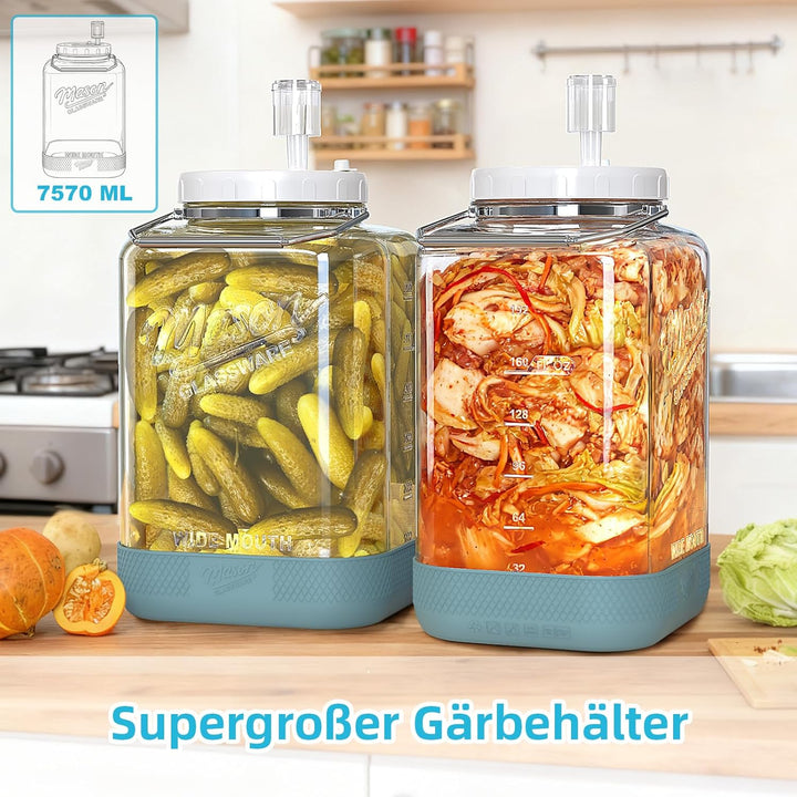 Absovetu 2er Set Grosse Fermentiergläser mit Luftschleuse 7,5 L - Fermentierglas Mason Jar Gläser Gä