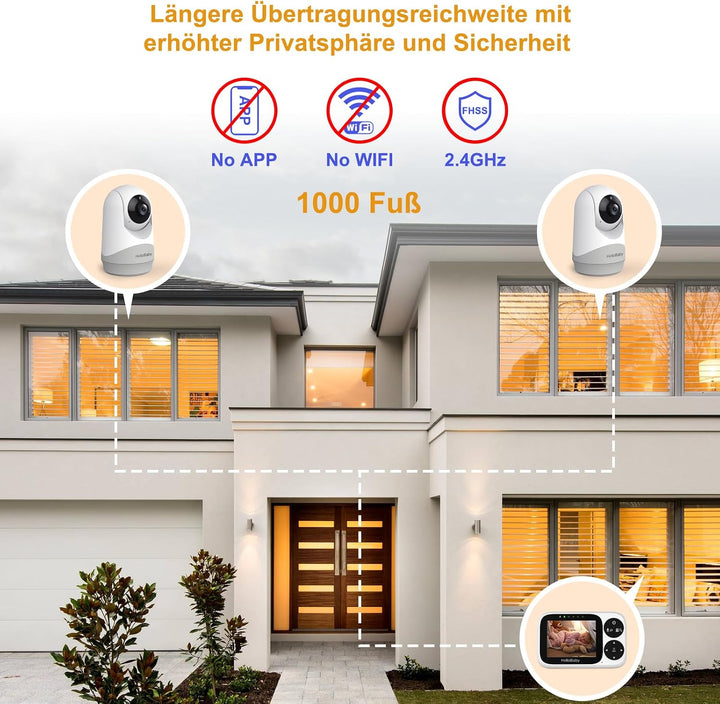 HelloBaby Babyphone mit 2 Kameras, kein WLAN, 3,2-Zoll IPS-Bildschirm | Nachtsicht, VOX-Modus, Schwe
