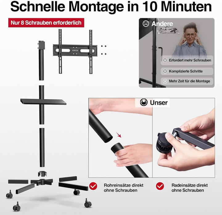 AOKCOS TV Ständer Rollbar für 32-65 Zoll Fernseher, TV Wagen mit Tablett, Fernsehständer Höhenverste